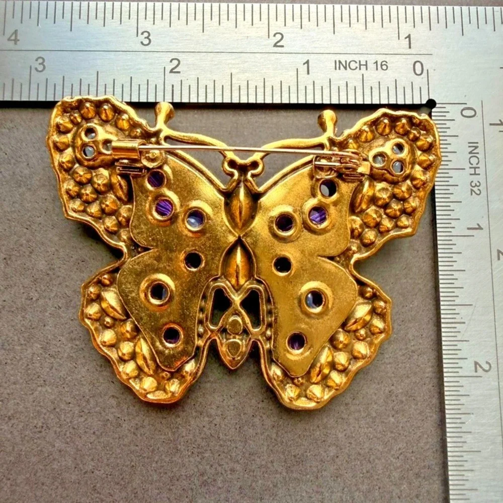 Pink Green Butterfly Brooch Rhinestone Enamel Gold Tone Large Statement Pin